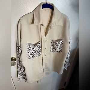 Cream Corduroy Look Shirt with Leopard Print Pockets